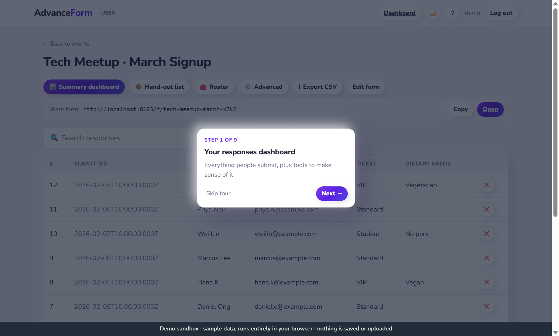 Screenshot of the AdvanceForm response dashboard
