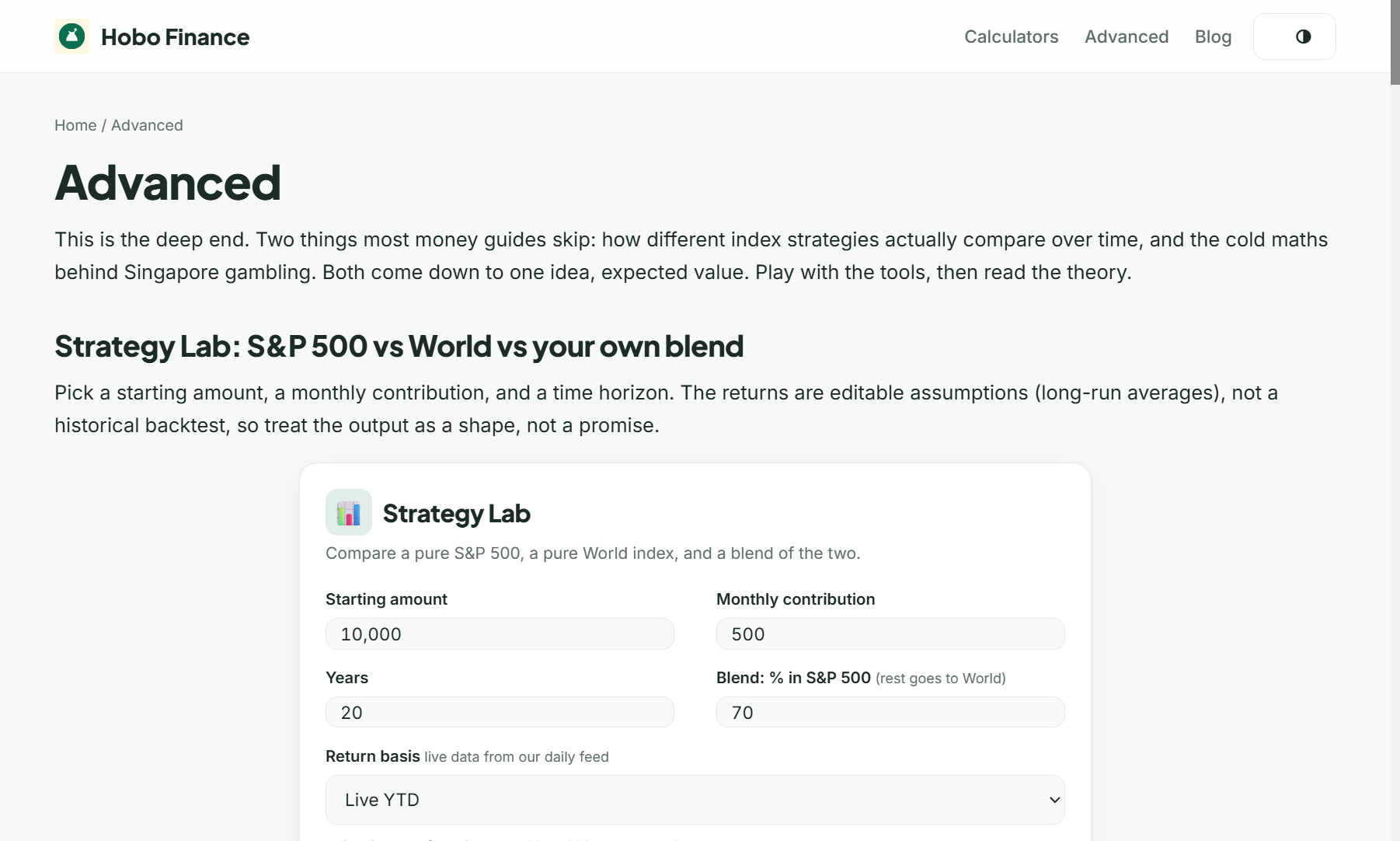 Screenshot of the S&P 500 backtester on Hobo Finance