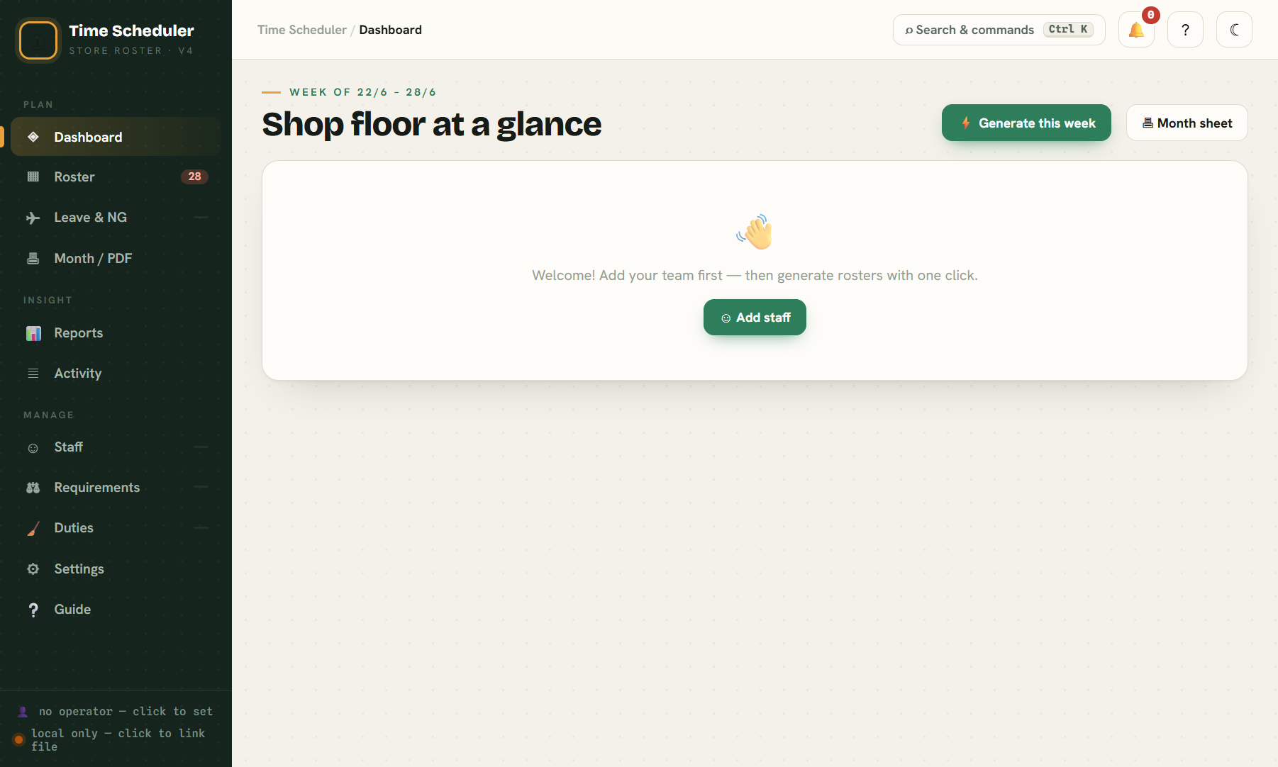 Screenshot of the Retail Shift Scheduler roster app